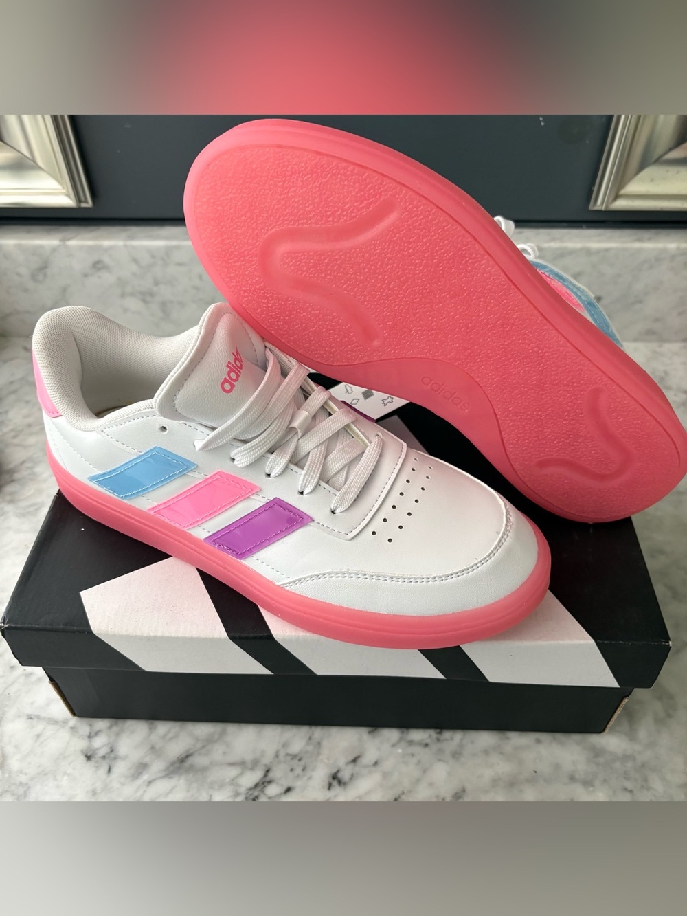 adidas Courtblock Kids' Leather Shoes Size Big Kid 7 Youth Pink Purple White